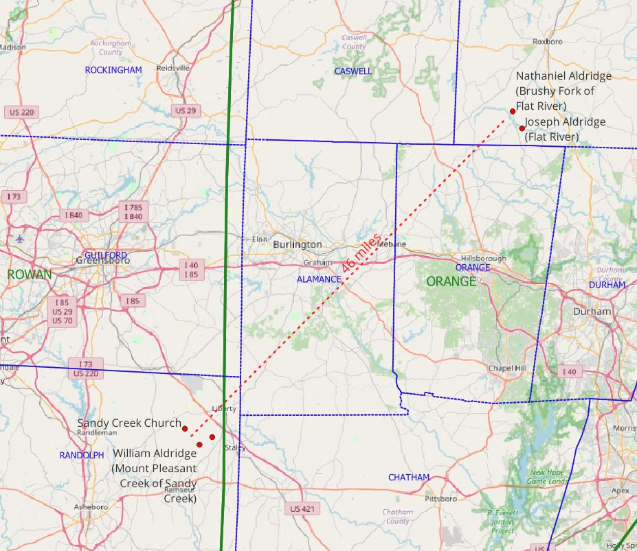 Aldridge land grants in the of area of what was, in 1755-1765, Orange County, North Carolina, showing the distance between Nathan Alldredge's Sandy Creek settlement and Nathaniel Aldridge's Flat River settlement.