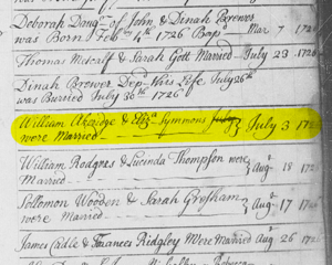 All Hallows' Parish register, with 1726 marriage of William Akeridge and Elizabeth Symmons highlighted.