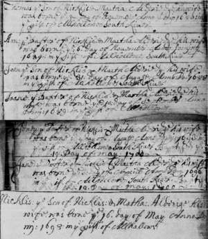 Birth and baptism records of Nicholas Aldridge's older children, from the All Hallows' Parish register.