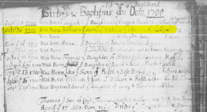 All Hallows' Parish register showing birth of William Aldridge (1700).