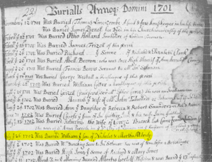 All Hallows' Parish register showing burial of William Aldridge (1702).