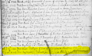 All Hallows' Parish register showing the birth and baptism of William Aldridge "II" (1702).